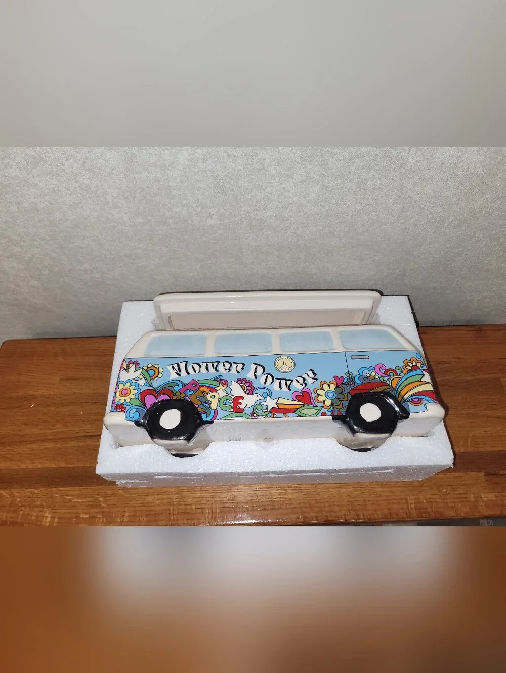NIB Vintage Ceramic VW Bus Cookie Jar Groovy Hippie Floral Van Canister